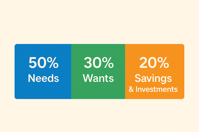 A pie chart showing the 50/30/20 rule breakdown: 50% Needs, 30% Wants, 20% Savings.