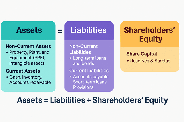 A diagram showing the Balance Sheet equation: Assets = Liabilities + Shareholders' Equity.
