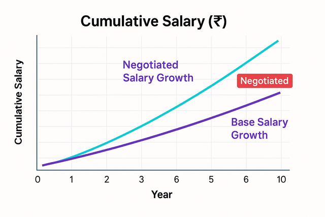 A graph showing two lines diverging over time, one representing a negotiated higher starting salary and the other a lower non-negotiated salary, illustrating the compounding effect.