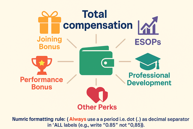 An infographic with icons representing different negotiable perks like a joining bonus (money bag), performance bonus (trophy), stock options (graph), and professional development (certificate).