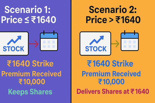 A visual representation of the covered call strategy, showing stock ownership combined with a short call option to generate premium income.