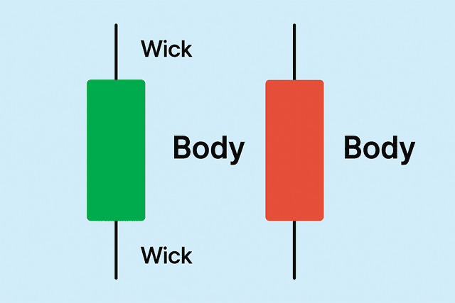 A diagram explaining the components of a bullish (green) and bearish (red) candlestick, showing the body, wicks, open, close, high, and low prices.