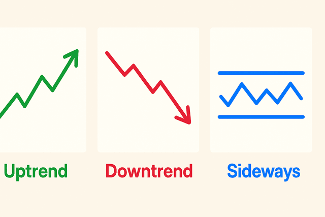 A chart showing the three market trends: an uptrend with higher highs and lows, a downtrend with lower highs and lows, and a sideways market moving between two horizontal levels.