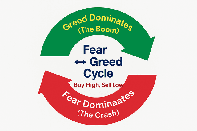 A visual representation of the fear and greed cycle in the stock market, showing the emotional rollercoaster from optimism to panic.