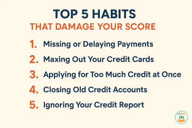 A visual guide showing a person starting with no credit and taking steps like getting a secured card and paying bills on time to build a high score.