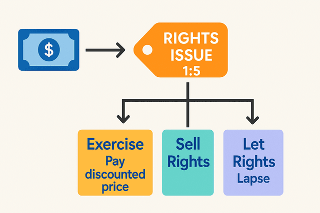 A flowchart showing the options for a shareholder in a rights issue: exercise, sell, or let lapse.