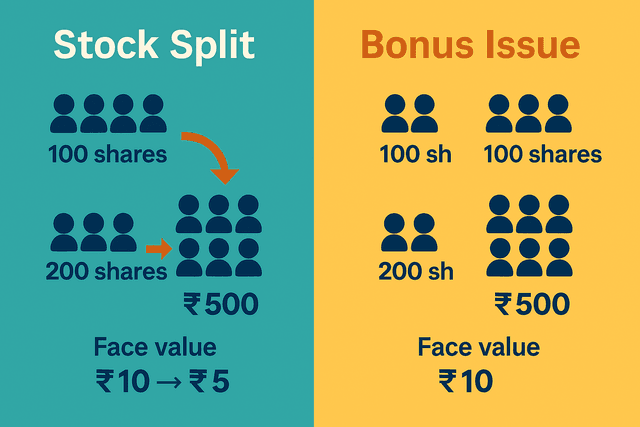 An illustration comparing a stock split and a bonus issue, showing how the number of shares increases and price per share decreases while total value remains the same.