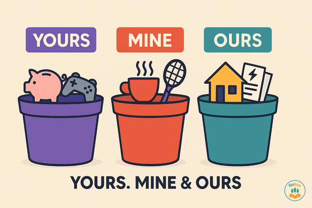 A diagram showing three types of bank accounts for couples: 'Your Account', 'Partner's Account', and a shared 'Our Account' in the middle.