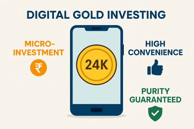 A smartphone screen showing a digital gold investment app with options to buy and sell.