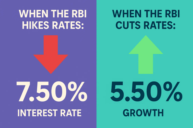 A seesaw balancing a rising 'Interest Rates' icon (arrow up) against a falling 'Stock Market' icon (arrow down), clearly illustrating their inverse relationship for investors.