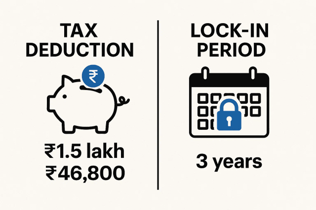 A graphic illustrating the dual benefits of ELSS: a tax-saving shield on one side and a growing plant symbolizing wealth creation on the other.