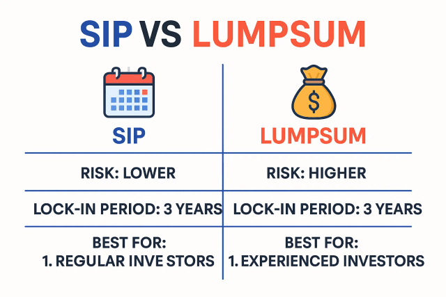 A split image showing a calendar with monthly SIP payments on one side and a single large bag of money for a lumpsum investment on the other.