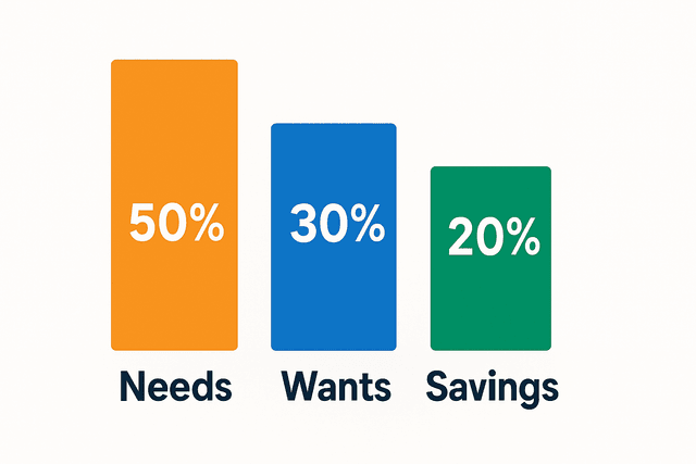 A pie chart illustrating the 50/30/20 budget rule, with sections for Needs, Wants, and Savings.