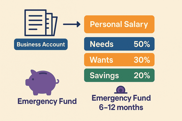 A diagram showing money flowing into three buckets: Needs (50%), Wants (30%), and Savings (20%).