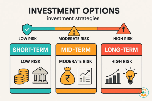 A table matching investment options to different time horizons: Short-Term (Liquid Funds, FDs), Mid-Term (Hybrid Funds, Large-Cap Stocks), Long-Term (Equity Mutual Funds, SIPs).
