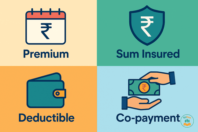 A diagram explaining key health insurance terms: Premium, Sum Insured, Deductible, and Co-payment.