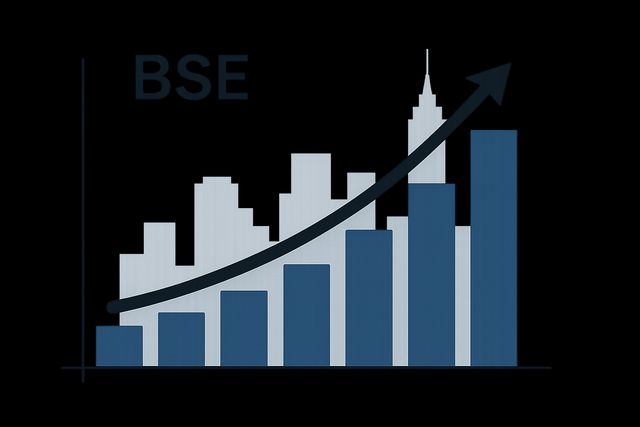 Indian stock market graph showing upward trend with BSE building in background