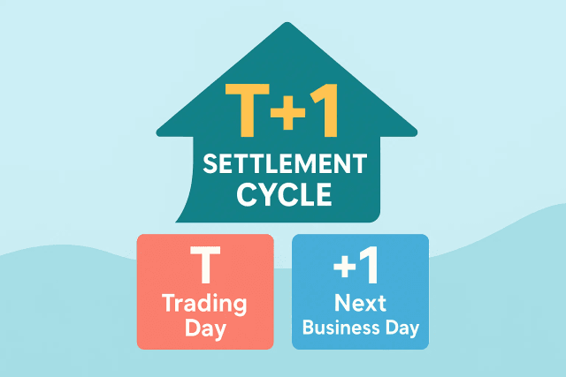 A timeline graphic illustrating the T+1 settlement cycle.
