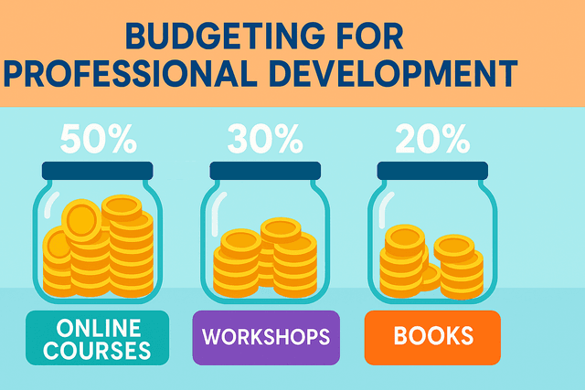 A person creating a budget for self-investment, with categories for courses, workshops, and books.