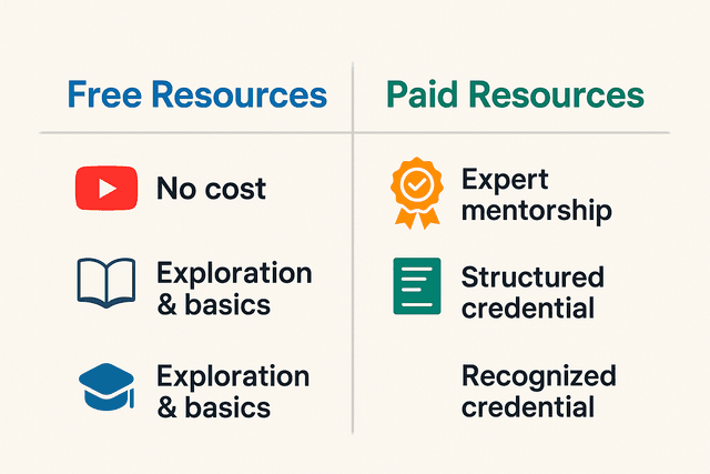 A comparison of free and paid learning resources, highlighting the pros and cons of each.