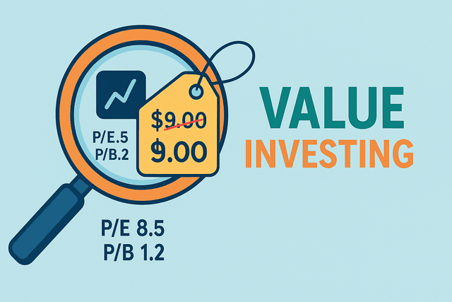 A magnifying glass examining a price tag on a stock certificate, symbolizing the search for undervalued assets.