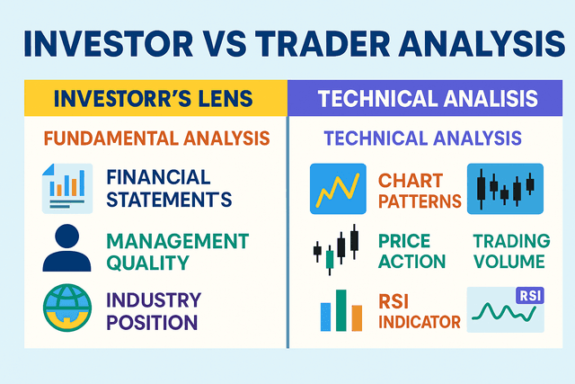 A split image showing a growing tree on one side labeled 'Investing' and a fast-paced stock chart with arrows on the other side labeled 'Trading'.