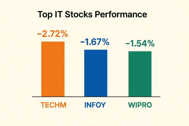 A chart showing the declining performance of major Indian IT stocks like Tech Mahindra, Infosys, and Wipro.