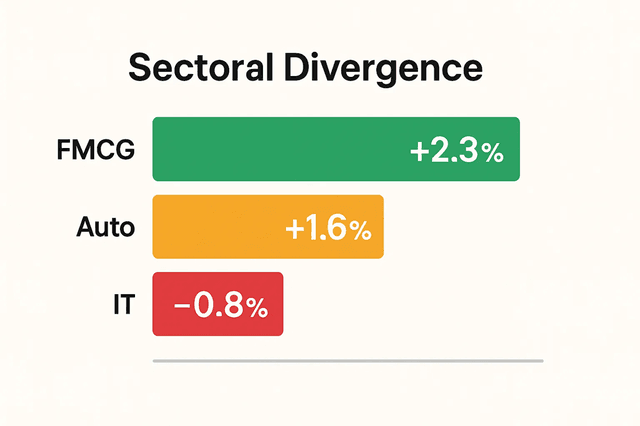 A visual representation of contrasting market sectors, with FMCG and Auto showing green arrows while IT shows a red arrow.