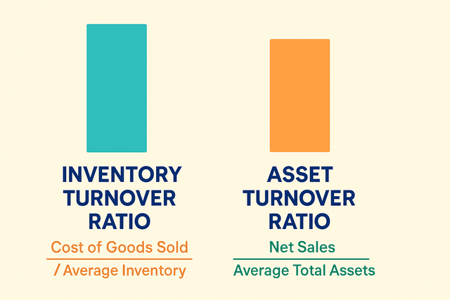 An infographic with two sides: one showing inventory moving quickly off a shelf (Inventory Turnover) and the other showing a factory producing revenue (Asset Turnover).