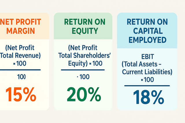 A visual showing three gauges for Net Profit Margin, ROE, and ROCE, each pointing towards a healthy level.