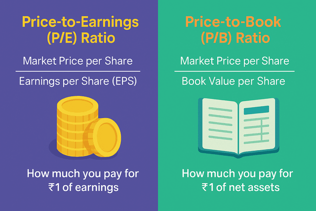 A graphic illustrating the concepts of P/E and P/B ratios with simple icons for price, earnings, and book value.