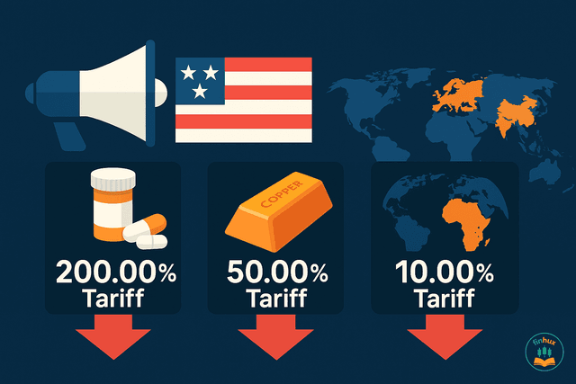 A visual representation of falling stock market graphs with symbols for pharmaceuticals and metals in the background.