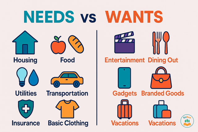 A diagram clearly separating needs (like food, shelter, water) from wants (like gadgets, vacations, dining out).