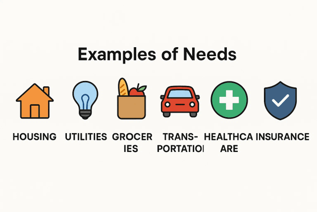 A simple diagram showing essential icons for needs: a house, a grocery bag, a lightbulb, and a bus.