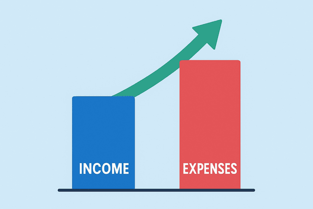 A graph showing two lines: 'Income' rising steadily, and 'Expenses' rising right alongside it, leaving no gap for savings.