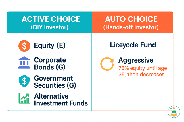 A diagram comparing NPS Active Choice and Auto Choice investment options.