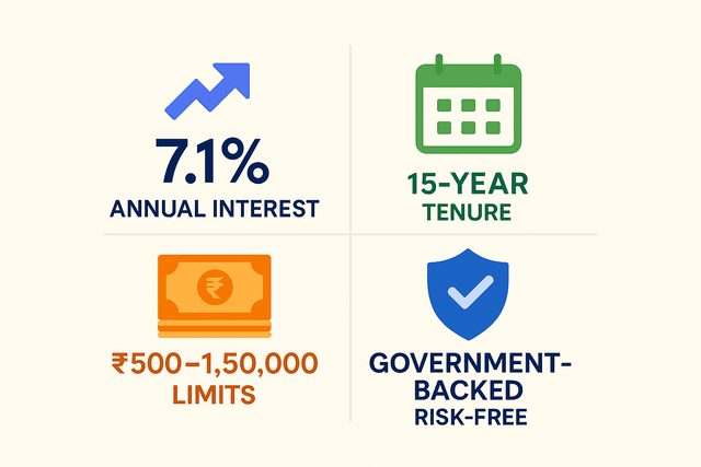 A graphic illustrating the key features of PPF: 7.1% interest rate, 15-year tenure, and ₹1.5 lakh annual limit.
