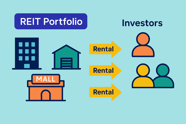 A diagram showing how a REIT pools money from investors to buy properties like offices and malls, which then generate rental income distributed back to the investors.