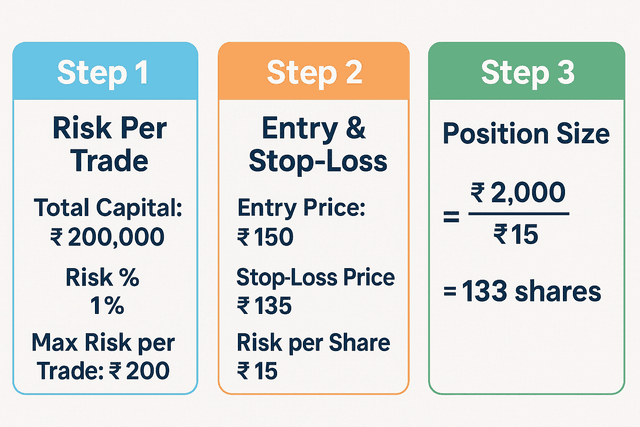 A calculator showing the position sizing formula: (Total Capital x Risk %) / (Entry Price - Stop-Loss Price) = Number of Shares.