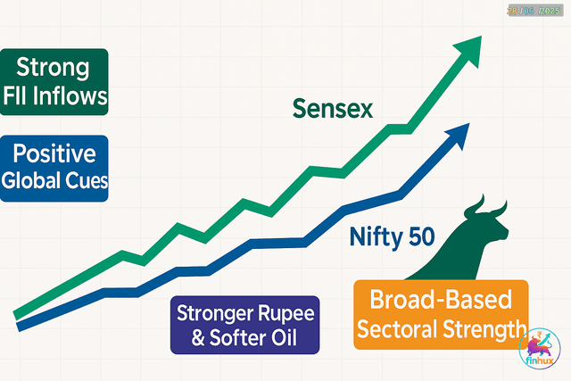 A graph showing the Indian stock market indices like Sensex and Nifty on an upward trend, with green arrows indicating growth.
