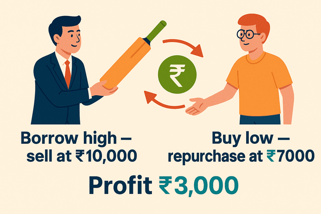 A diagram illustrating the short selling process: Borrow Shares, Sell High, Buy Low, Return Shares.