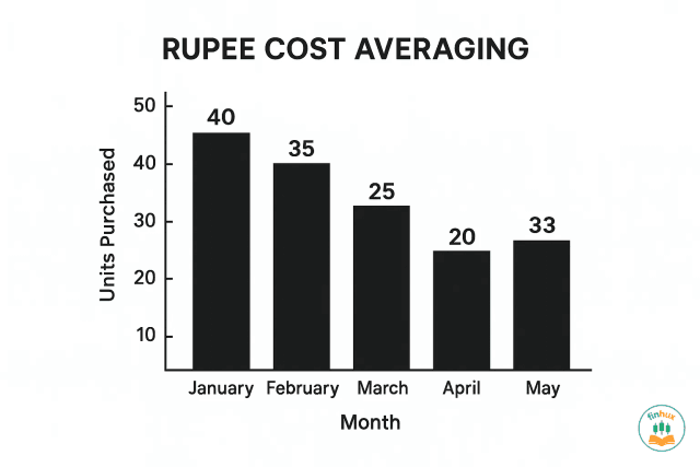 A simple chart showing how a fixed investment buys more units when the price is low and fewer units when the price is high, illustrating rupee cost averaging.