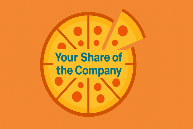 A pizza being sliced, with one slice labeled "Share" representing a piece of a company.
