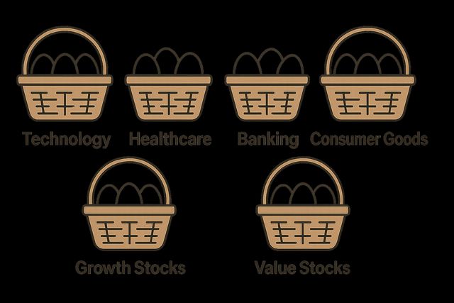 Infographic showing a pie chart divided into different asset classes like stocks, bonds, gold, and real estate, illustrating a diversified portfolio.