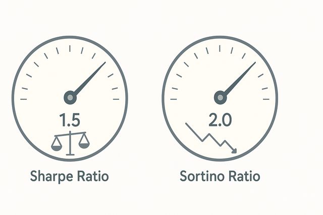 A line graph comparing two portfolios, A and B. Portfolio A has a higher Sharpe Ratio with more volatility, while Portfolio B has a higher Sortino Ratio with less downside volatility, showing a smoother upward trend.