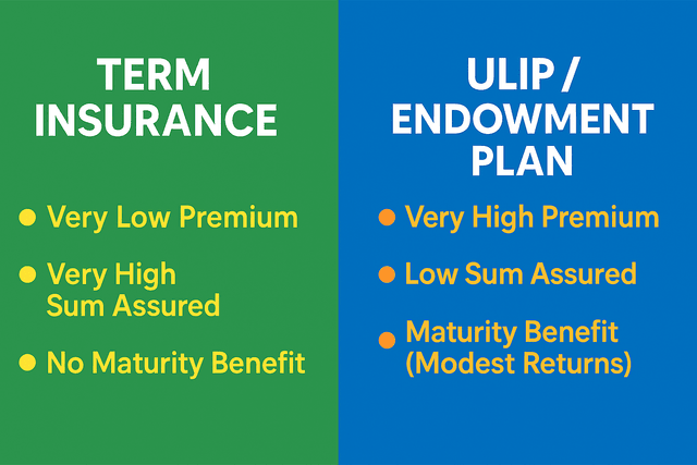 A comparison chart showing the differences between Term Insurance and ULIP/Endowment plans.