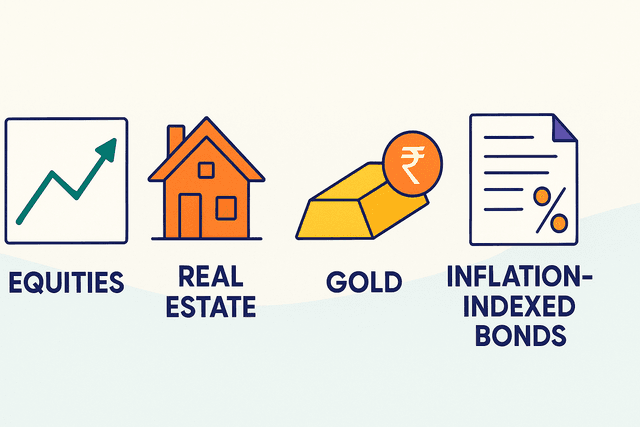 A chart comparing the long-term growth of Equities, Real Estate, and Gold against the inflation rate.
