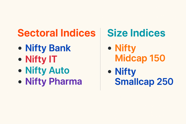 A pie chart showing different sectors of the Indian economy like Banking, IT, Auto, and Pharma, representing sectoral indices.