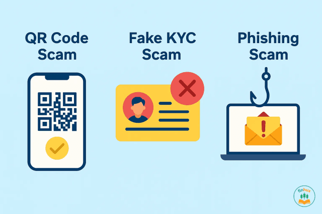 A visual showing a smartphone with a warning sign over a fake KYC update message and a fraudulent QR code.
