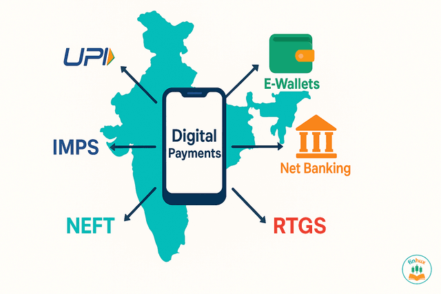 A collage of popular digital payment app logos in India like UPI, Paytm, and PhonePe, with a security shield icon overlaid.